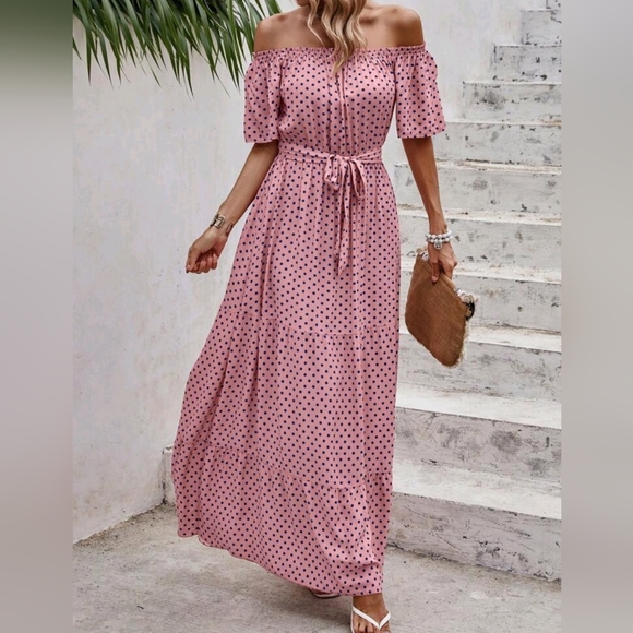 New Chic Polka Dot Off Shoulder Maxi Dress Muted Pink Black - Picture 2 of 7